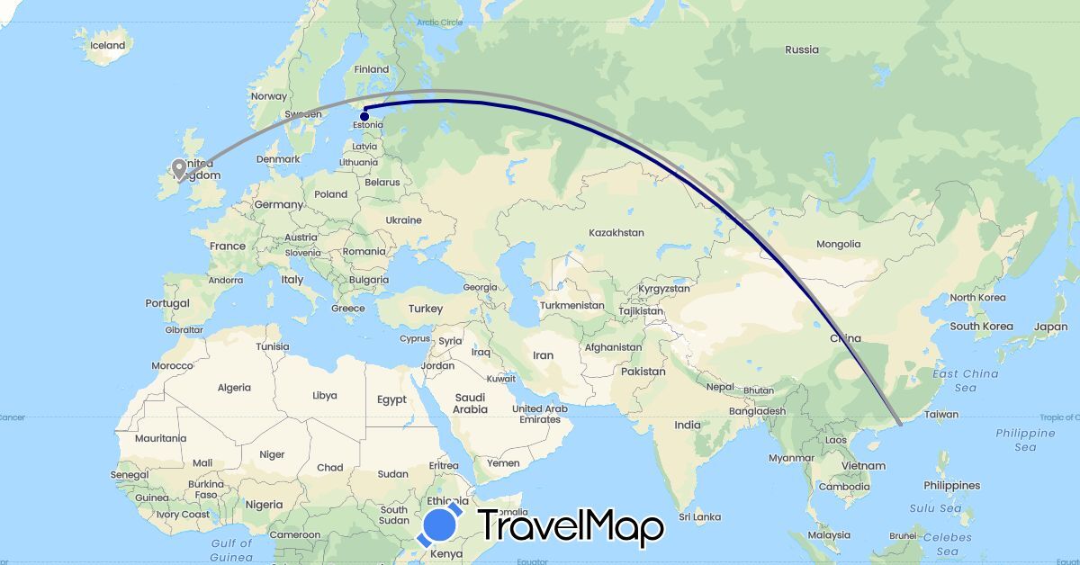 TravelMap itinerary: driving, plane in China, Estonia, Finland, United States (Asia, Europe, North America)